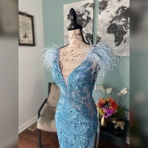 Light blue sparkly feather evening gown, formal dress, or pageant dress